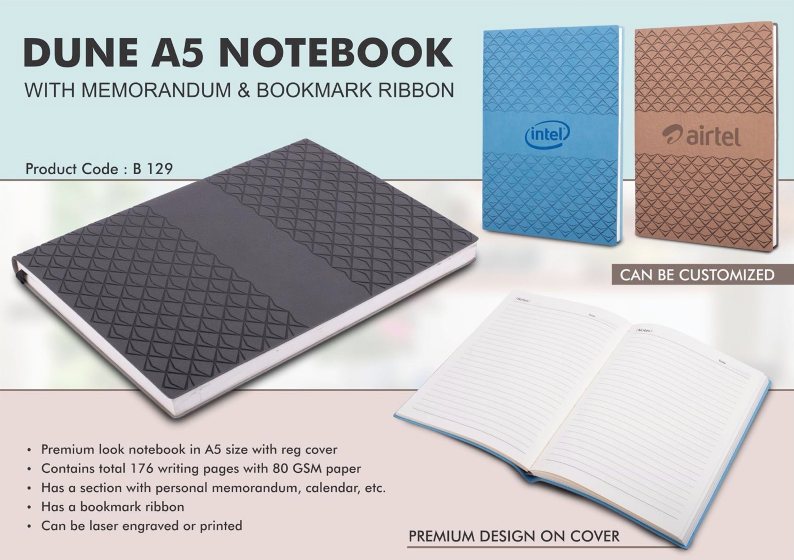 Contains total 176 writing pages with 80 GSM paper Has a section with personal memorandum, calendar, e Has a bookmark ribbon Can be laser engraved or printed