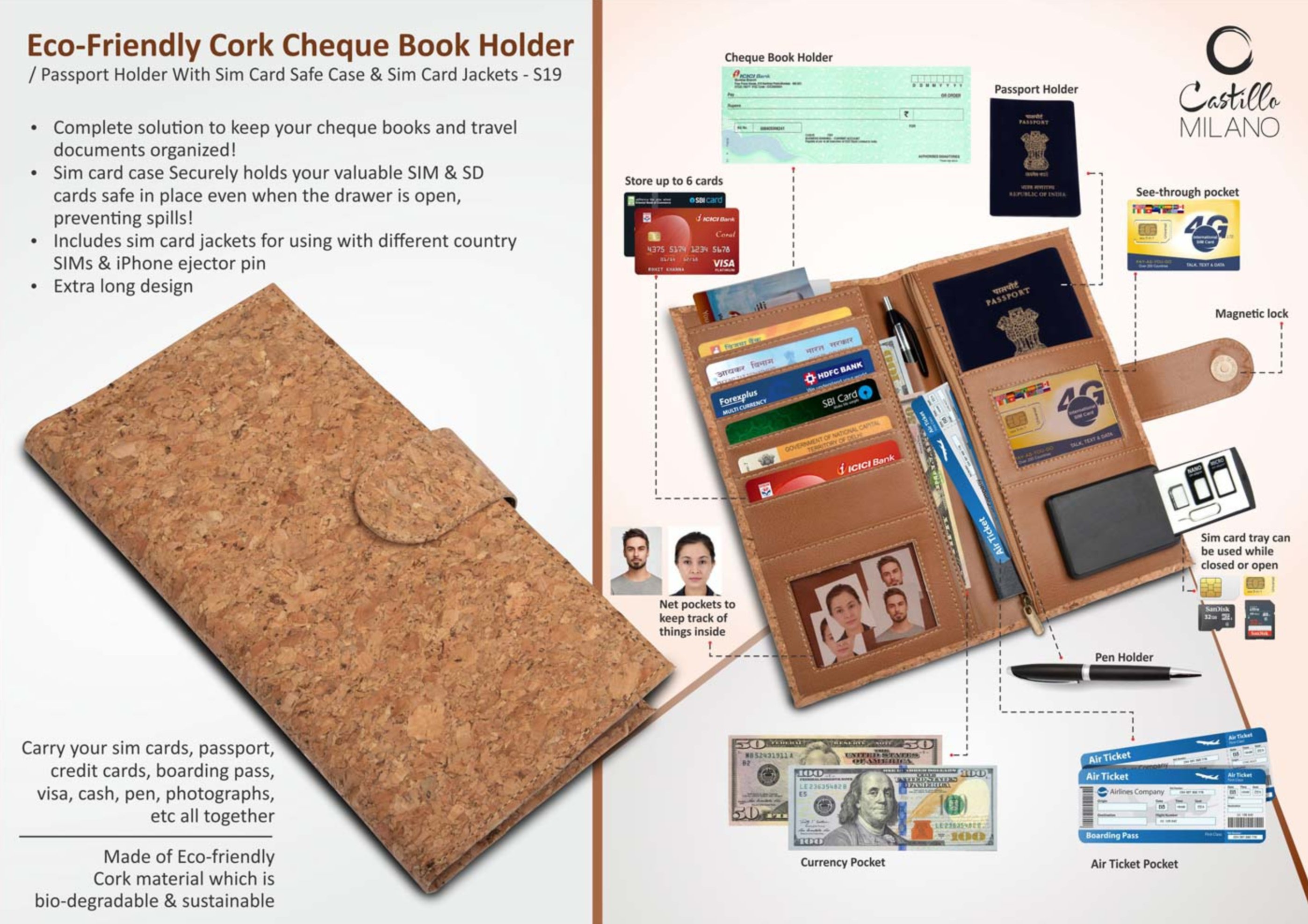 credit cards, boarding pass, cash, pen, photographs, etc all together Made of Eco-friendly