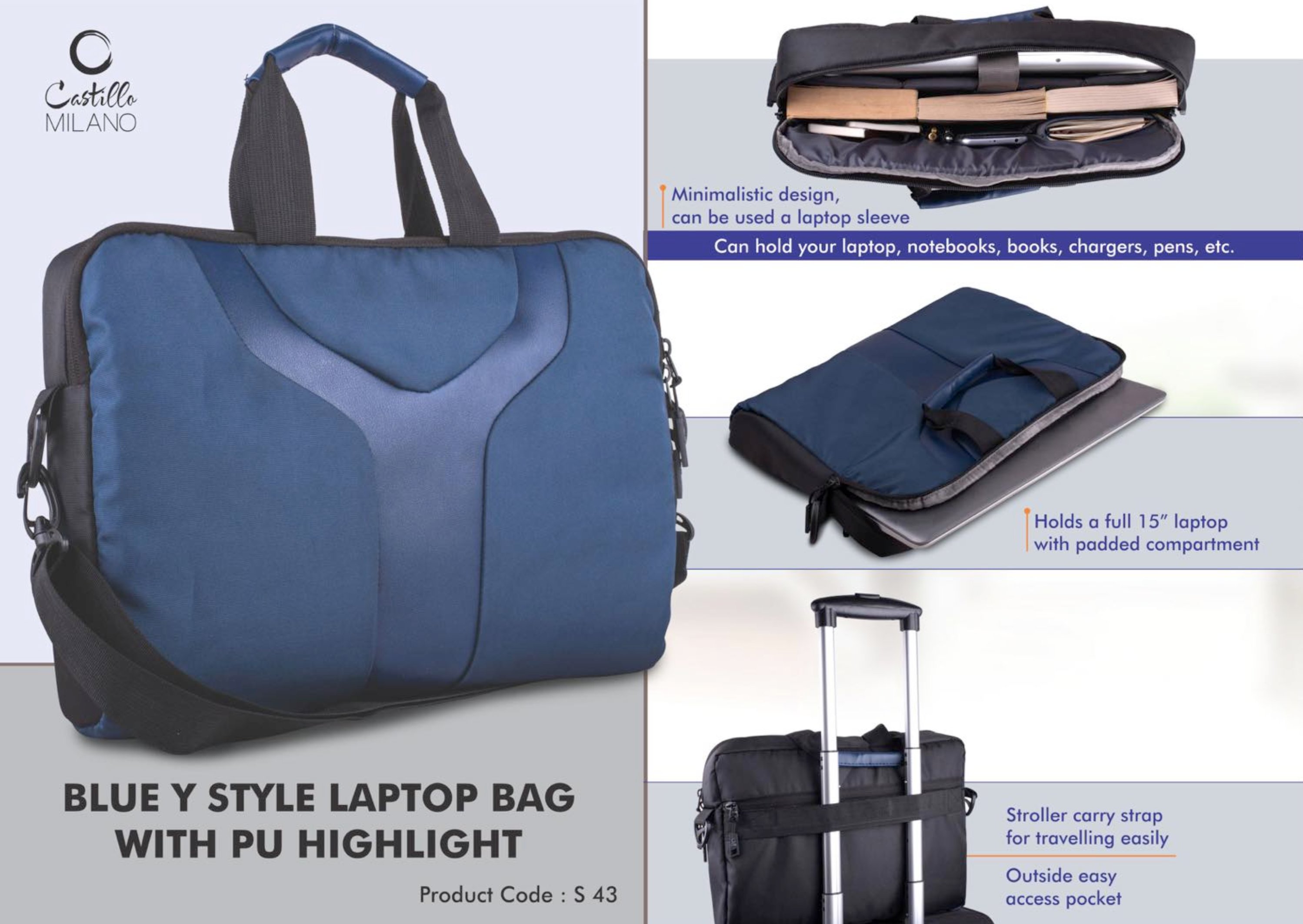 BLUE Y STYLE LAPTOP BAG WITH PU HIGHLIGHT