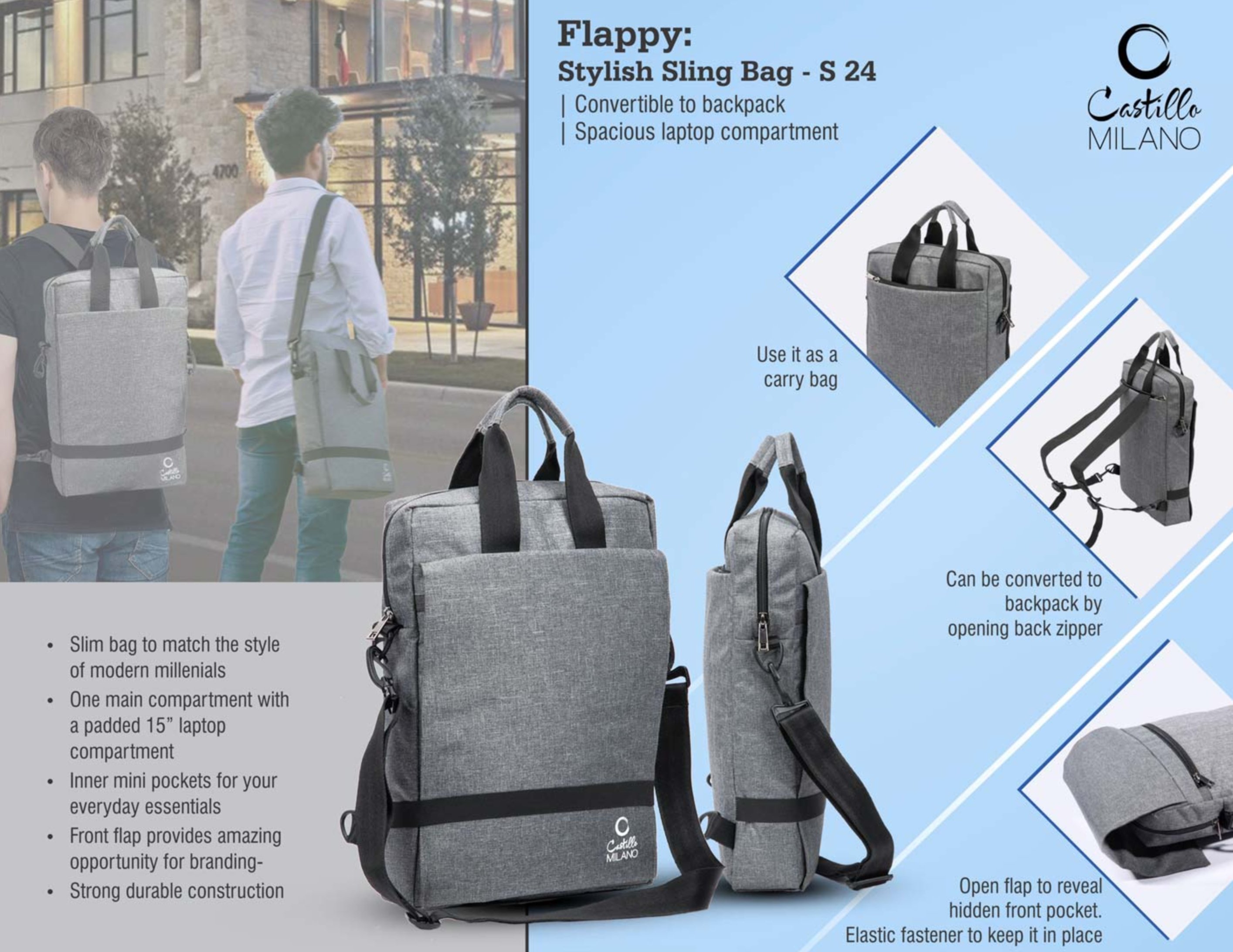 everyday essentials
Front flap provides amazing
opportunity for branding-
Strong durable construction