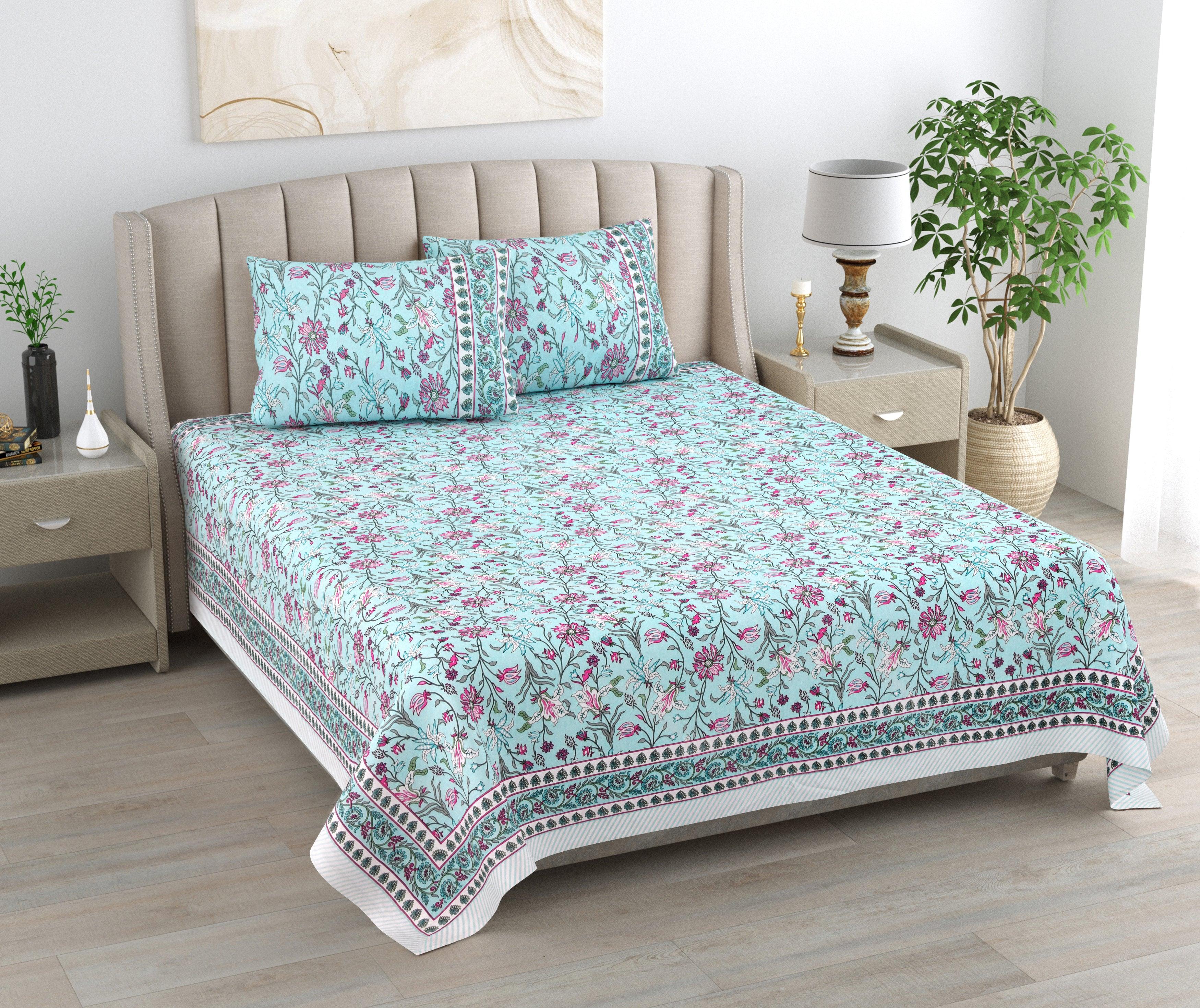 Mahanadi 310 TC Cotton Bed Sheet with 2 Pillow Covers - Printed