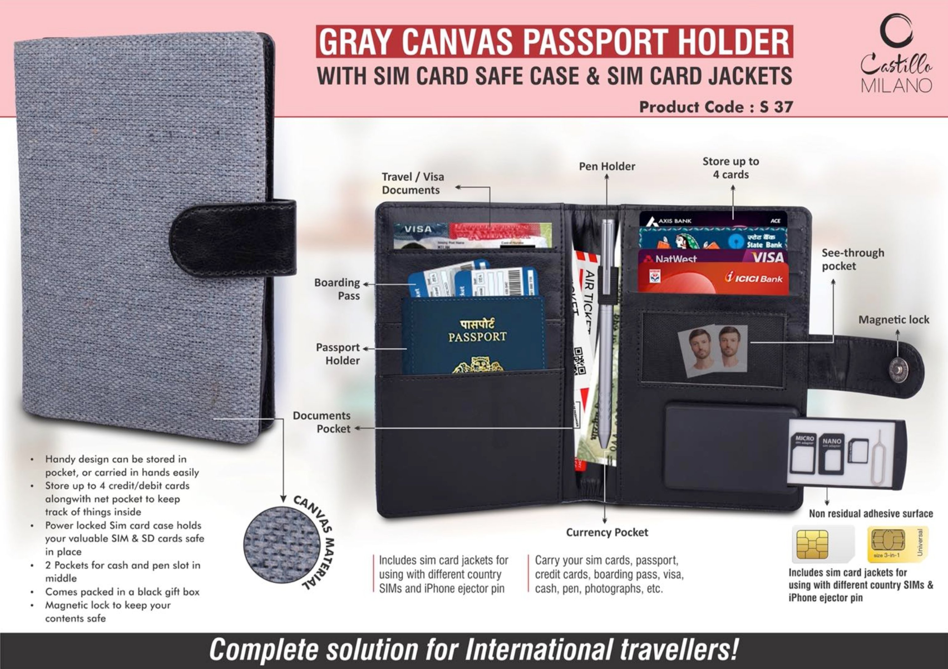 2 Pockets for cash and pen slot in middle Comes packed in a black gift box Magnetic lock to keep your contents safe