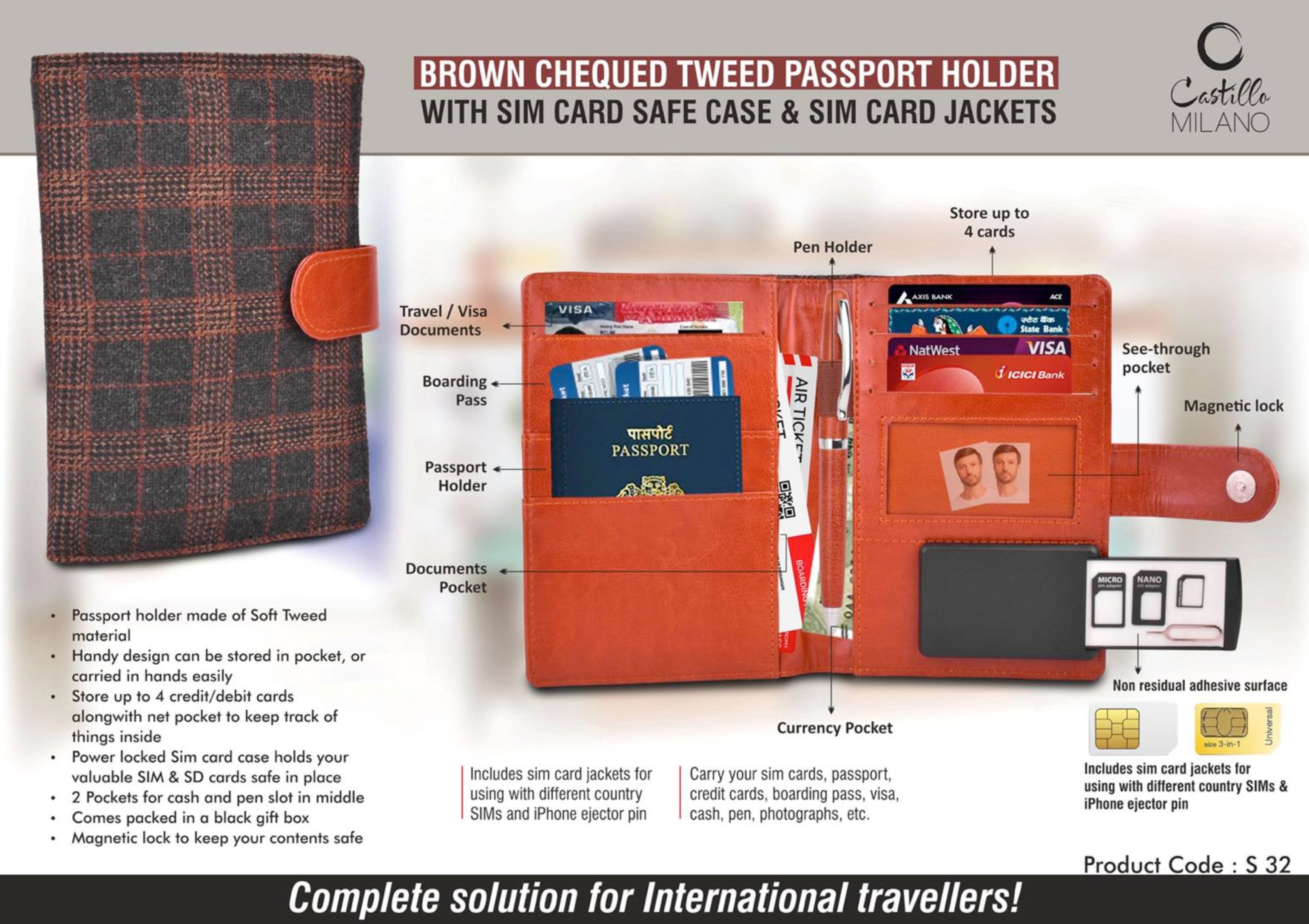 valuable SIM & SD cards safe in place 2 Pockets for cash and pen slot in middle Comes packed in a black gift box Magnetic lock to keep your contents safe