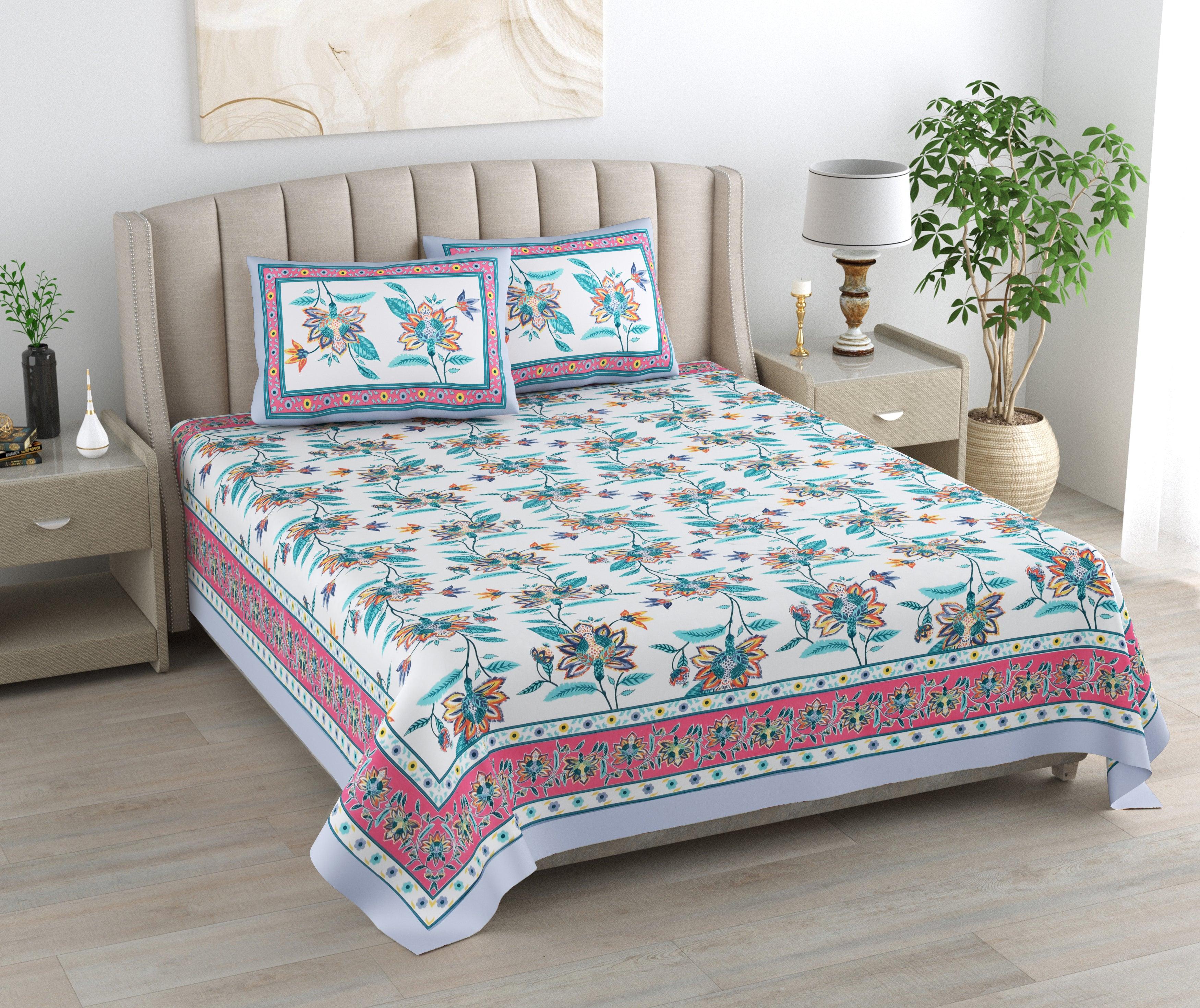 Mahanadi 310 TC Cotton Bed Sheet with 2 Pillow Covers - Printed