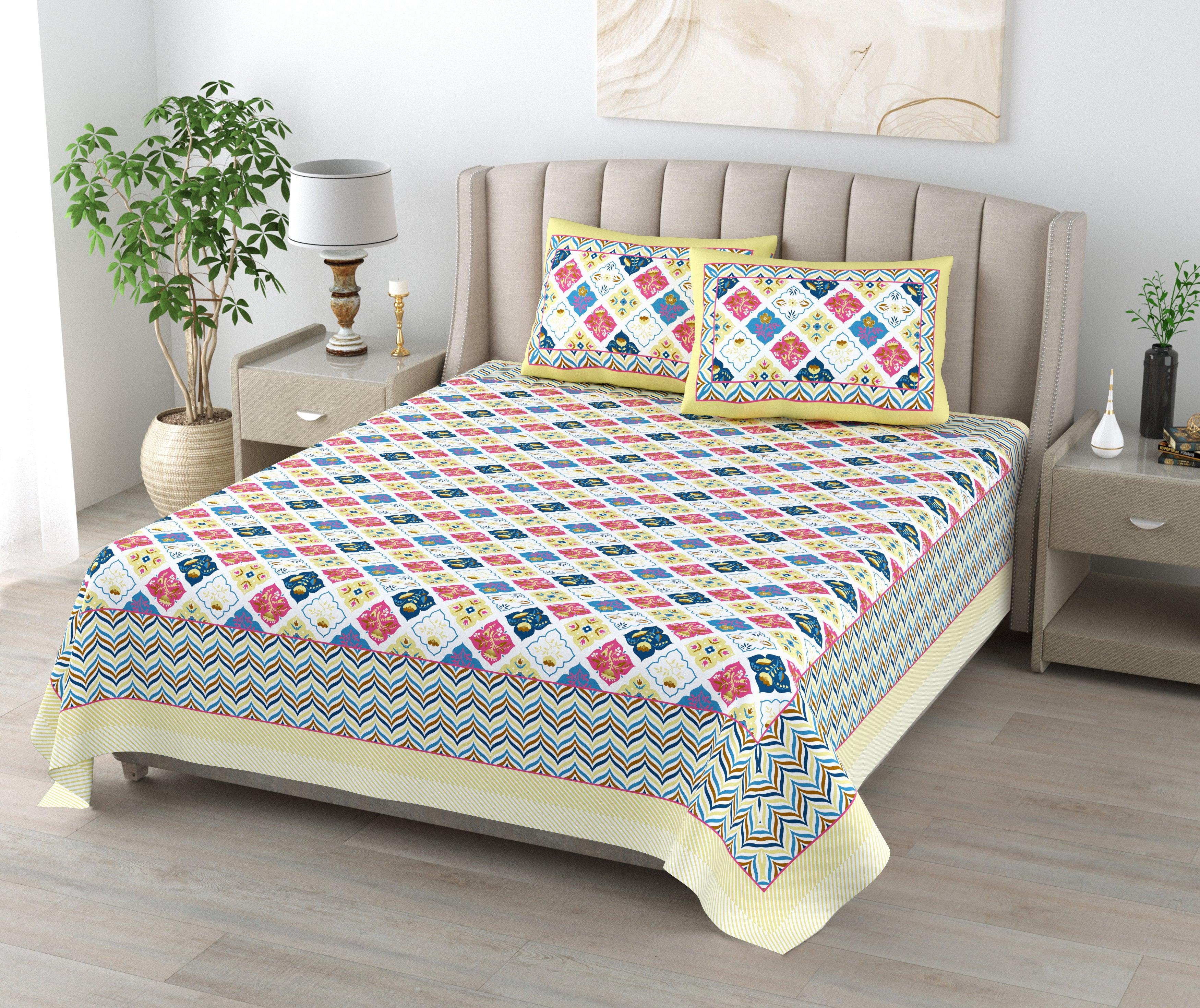 Mahanadi 310 TC Cotton Bed Sheet with 2 Pillow Covers - Printed