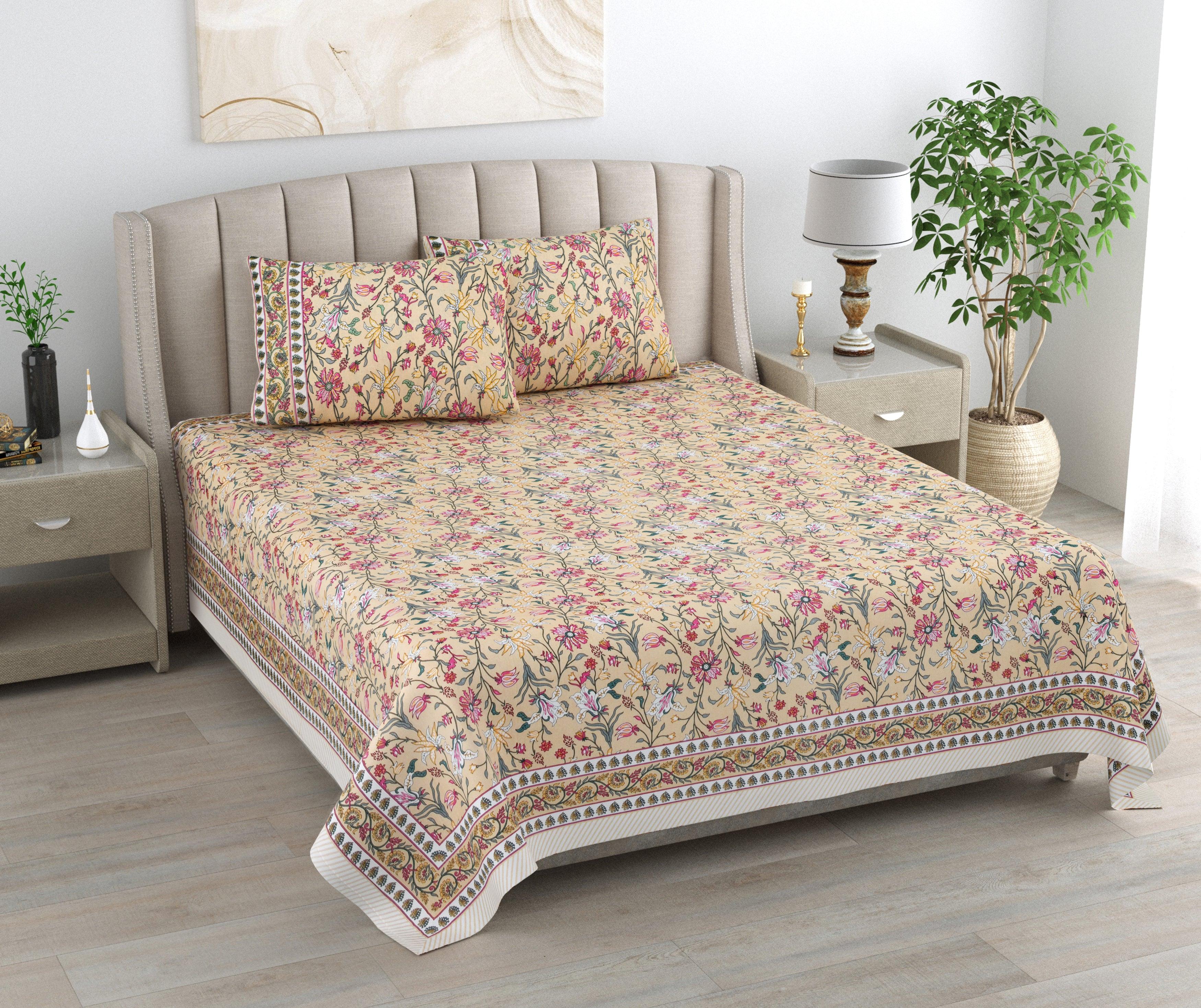 Mahanadi 310 TC Cotton Bed Sheet with 2 Pillow Covers - Printed