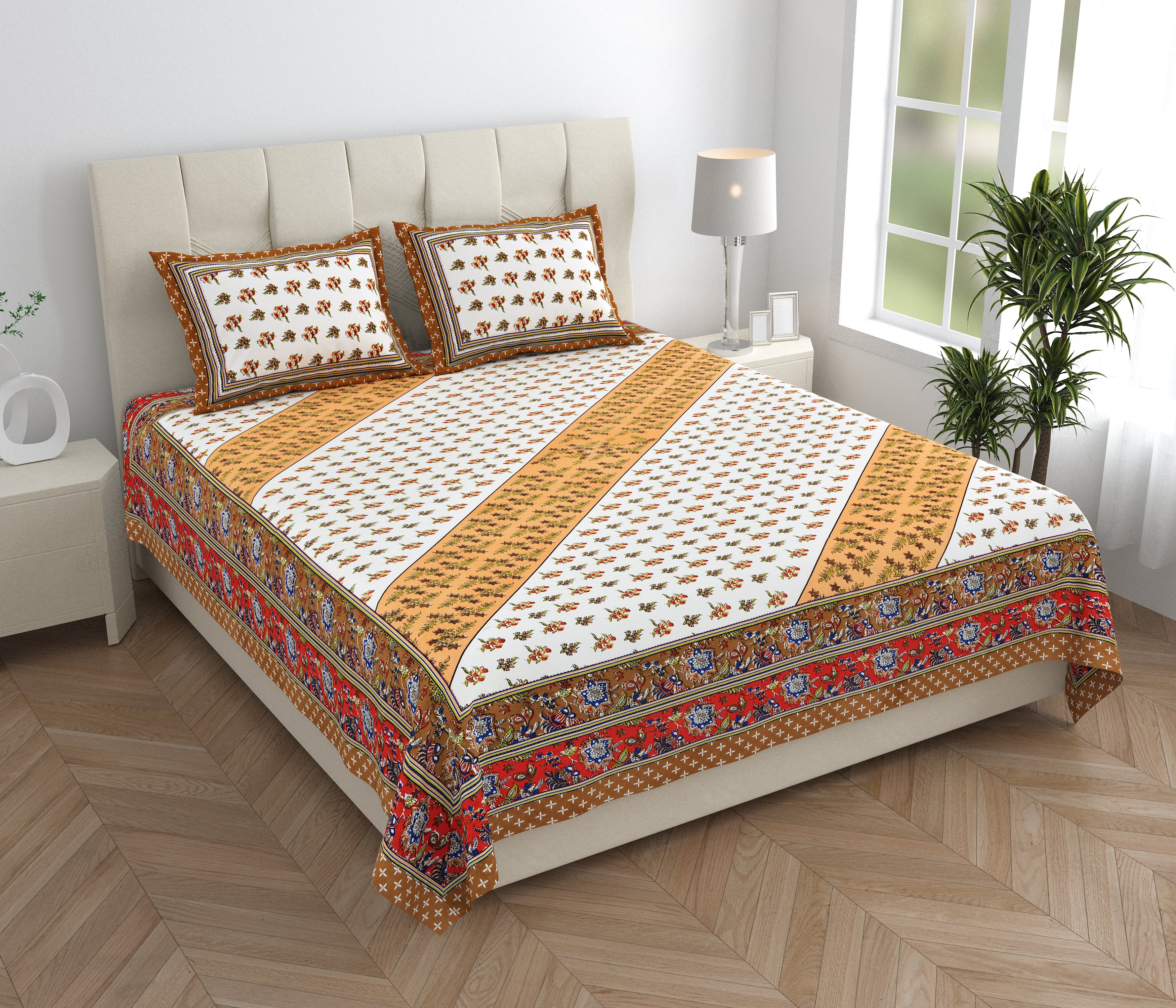 Tista 310 TC Cotton Bed Sheet with 2 Pillow Covers - Printed