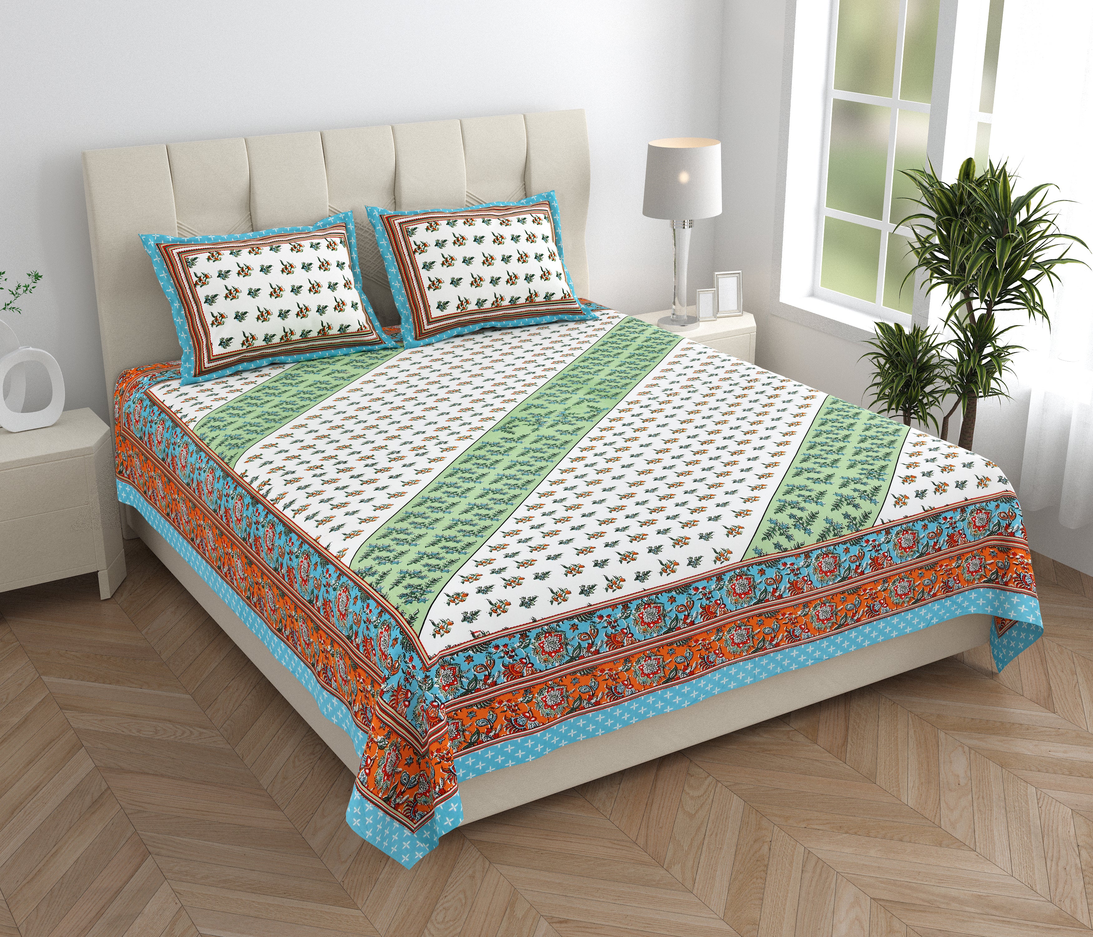 Tista 310 TC Cotton Bed Sheet with 2 Pillow Covers - Printed
